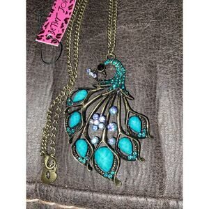 Betsey Johnson Rhinestone Peacock Feathers Teal Bronze Tone Necklace New
